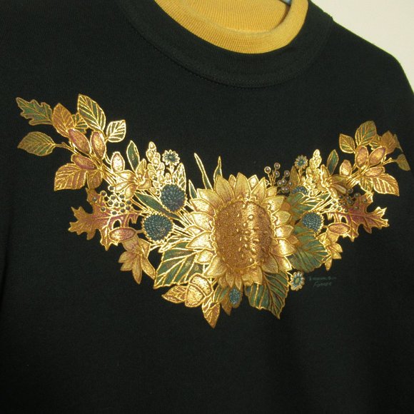 Morning Sun Vintage Grandma Sweatshirt Double Collar Dark Green Sunflower M - Picture 3 of 11